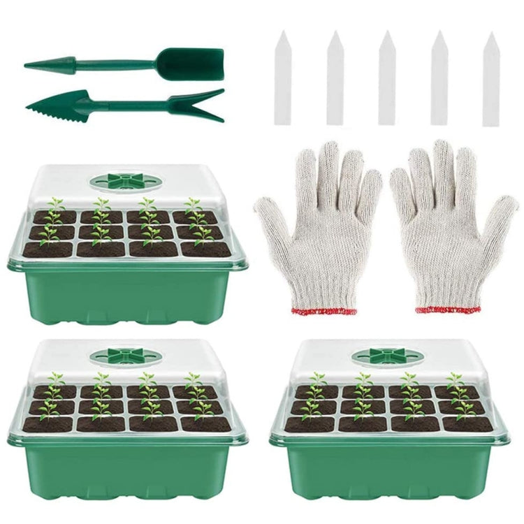 Seedling starter tray set with green tools, white gloves, and planting label sticks
