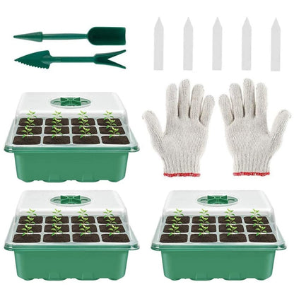 Seedling starter tray set with green tools, white gloves, and planting label sticks