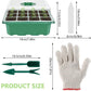 Green seedling starter tray with hand tools, white knit gloves, and starter markers