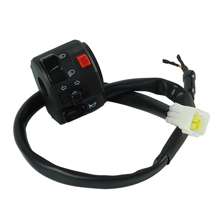 Motorcycle handle switch assembly with red rocker and black multi-button controls