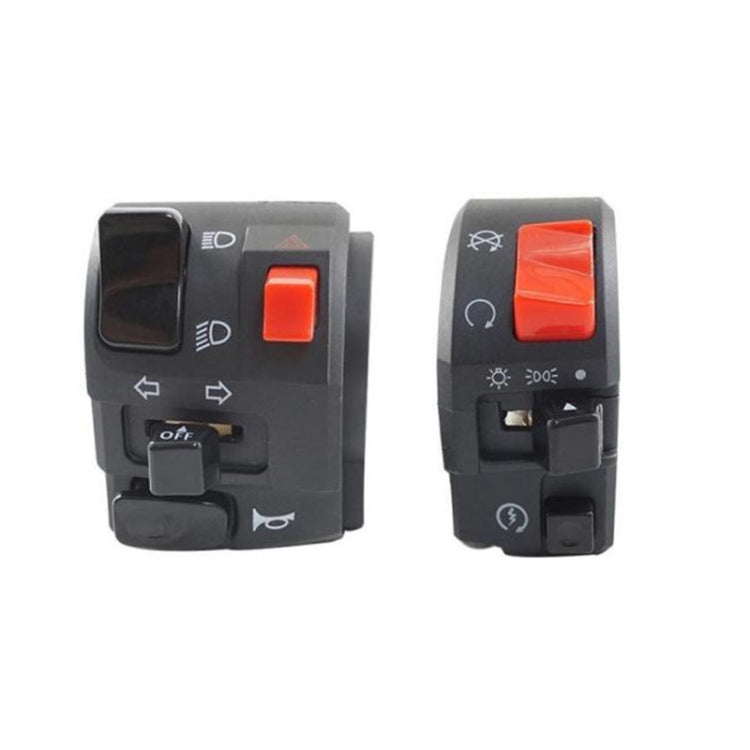 Pair of motorcycle handle switch assemblies with orange-red rocker and control icons