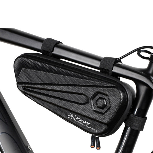 Black hard-shell bicycle triangle bag with top strap and front mount straps