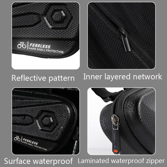 Black hard-shell bicycle bag showing textured surface and layered inner network