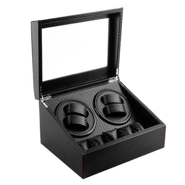 Carbon-finish watch winder storage box with hinged lid, open compartments