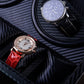 Watch winder storage box compartment with two automatic watches, black straps