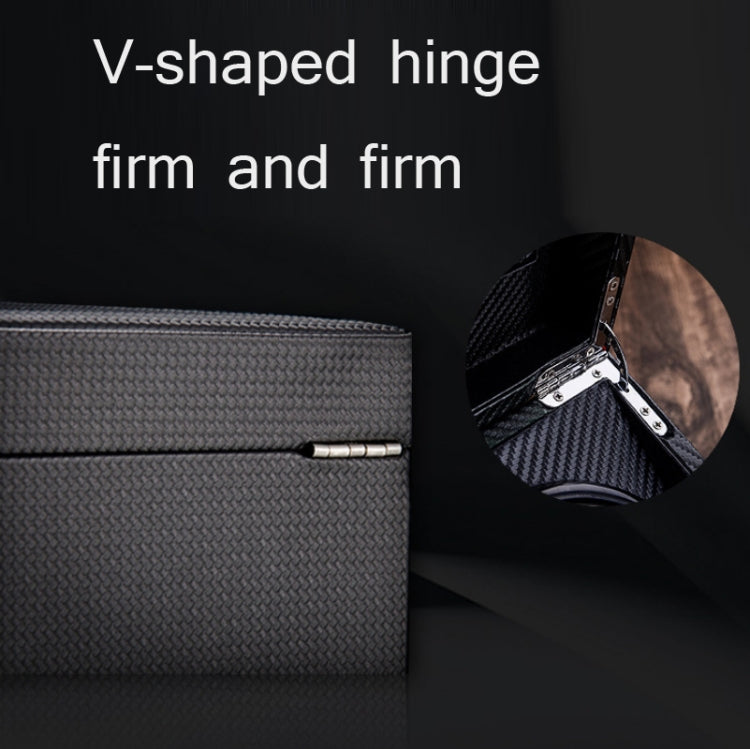 Watch winder box with V-shaped hinge and secure latch mechanism, close-up