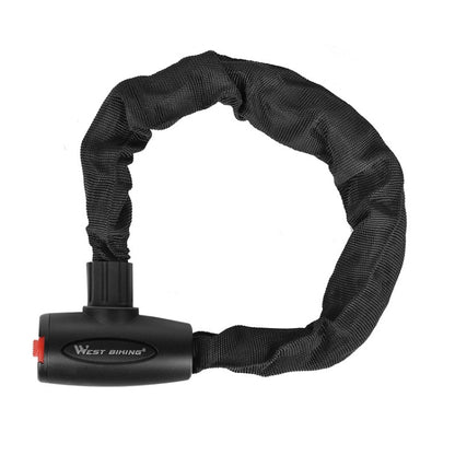 Black woven chain bicycle lock with black lock head and red button