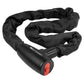 Black woven chain bicycle lock with close-up black lock head and red side