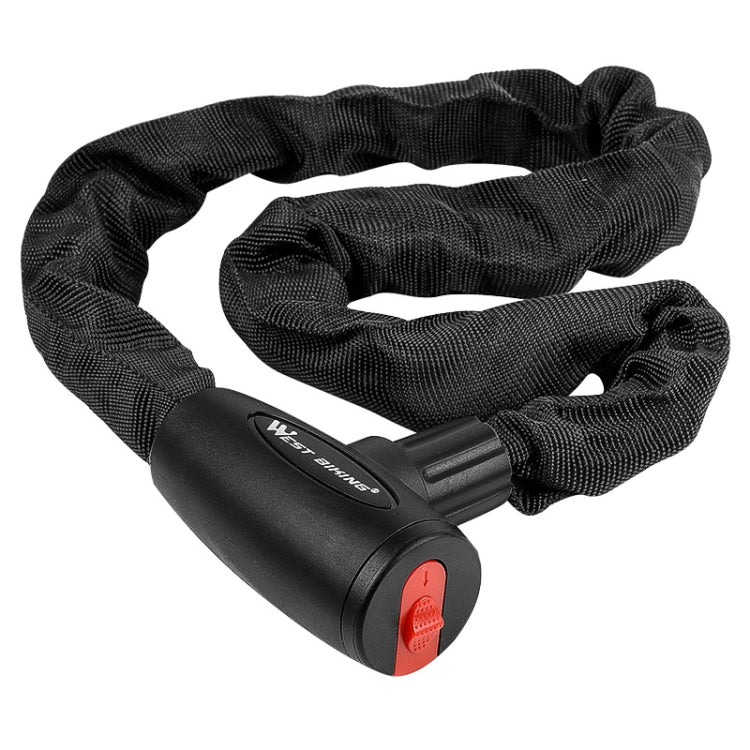 Black woven chain bicycle lock with close-up black lock head and red side