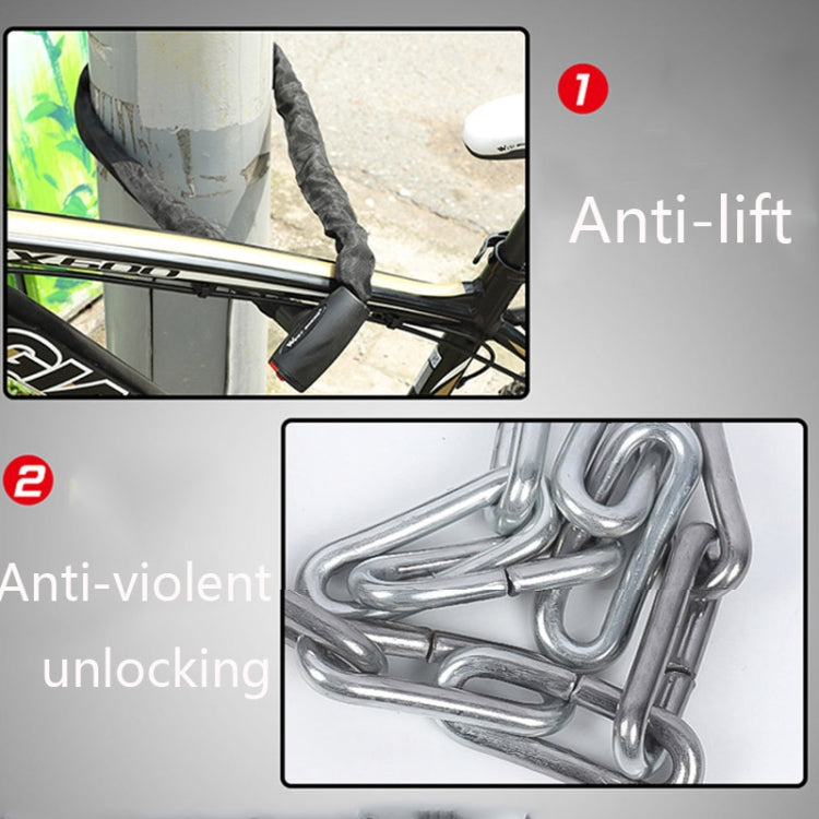 Bicycle chain lock wrapped on frame with close-up of metal link mechanism