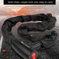Black woven chain bicycle lock with black lock head lying on ground