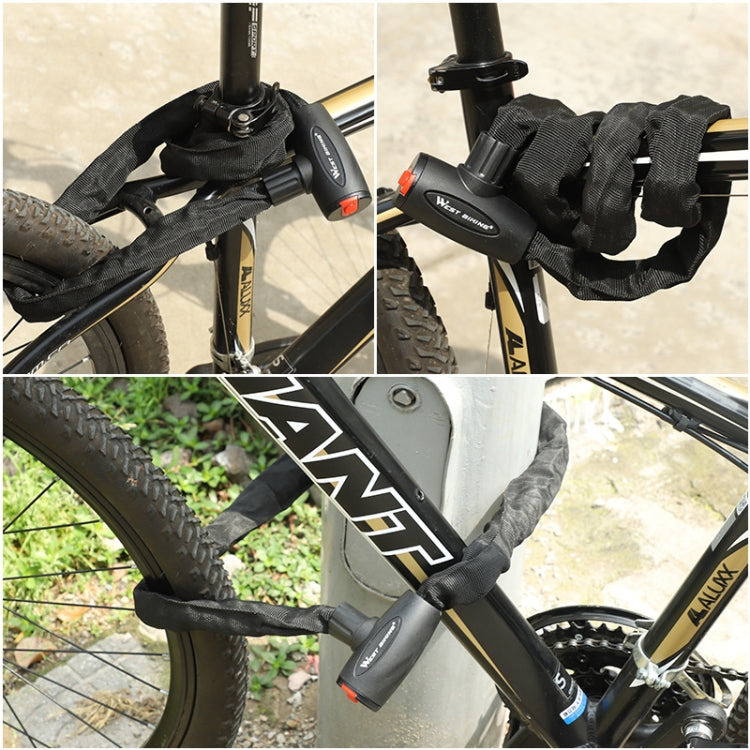 Black chain lock looped around bike frame and fork