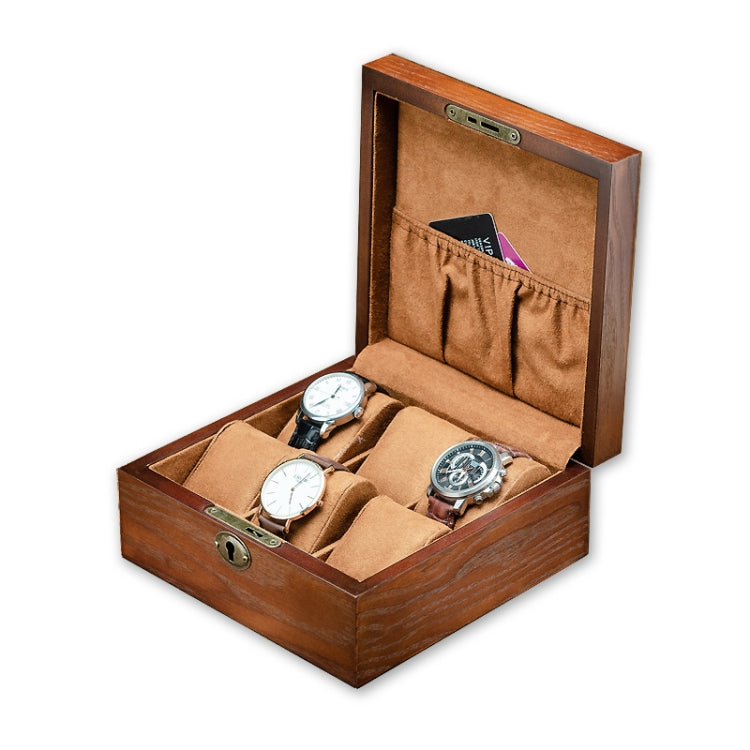 6-slot wooden watch storage box, open with tan cushions and several watches, metal lock plate