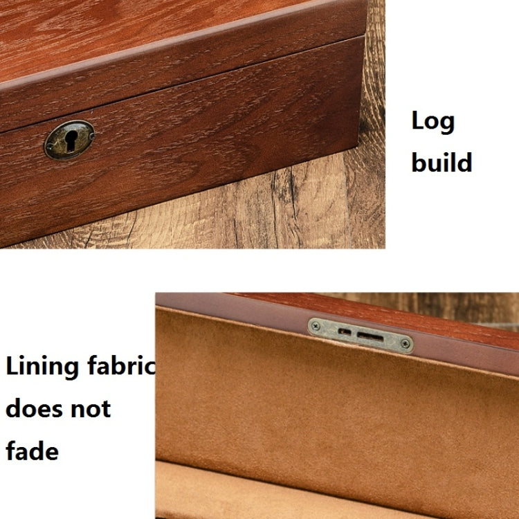 Wooden watch storage box close-up showing keyhole lock and tan interior lining edge