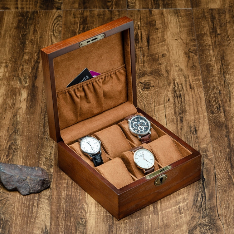 Wooden 6-slot watch storage box, open lid with tan fabric lining and cushioned compartments