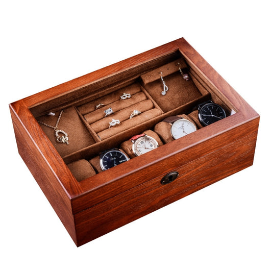 Brown wooden double-layer watch and jewelry storage box with lock, open compartments