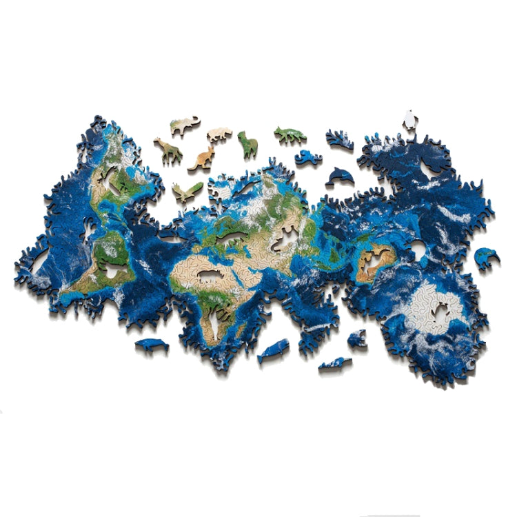 Wooden jigsaw puzzle showing blue world map with colorful animal pieces scattered