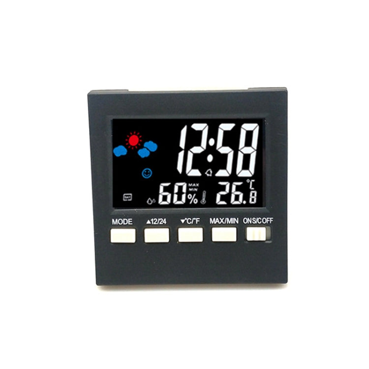 Indoor temperature and humidity alarm clock with LCD time readout, black case