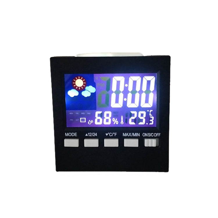 Indoor temperature and humidity alarm clock with colorful LCD, black case