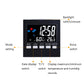Indoor temperature and humidity alarm clock front with large LCD and buttons, black