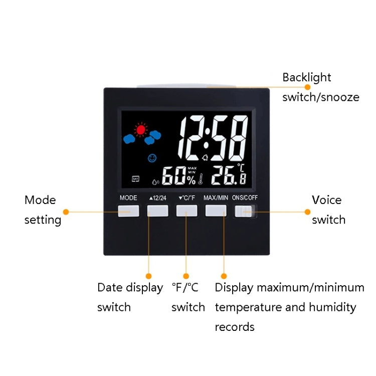 Indoor temperature and humidity alarm clock front with large LCD and buttons, black