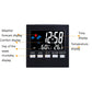 Indoor temperature and humidity alarm clock front with weather/comfort icons, black
