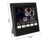 Indoor temperature and humidity alarm clock front view with size measures, black case