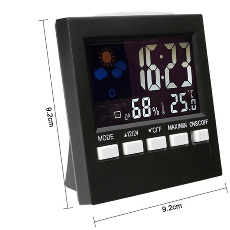Indoor temperature and humidity alarm clock front view with size measures, black case