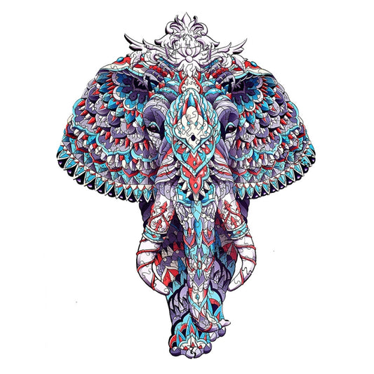 3D wooden elephant animal puzzle toy with ornate multicolor patterns