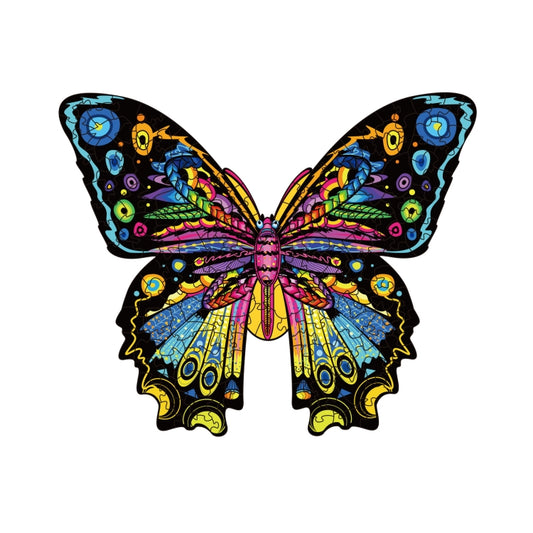 Wooden butterfly puzzle with bright patterned wings and embossed central body
