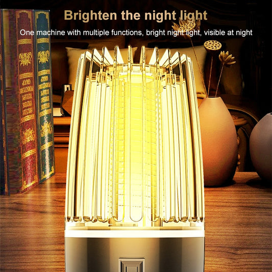Electric mosquito trap lamp glowing warm yellow with vertical light grid