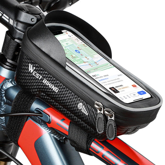 Waterproof front bicycle phone bag with clear touchscreen window and hard-shell body