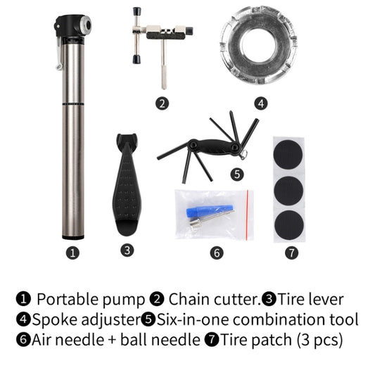 Compact bike repair kit showing mini pump, tire levers, patches, and air needles