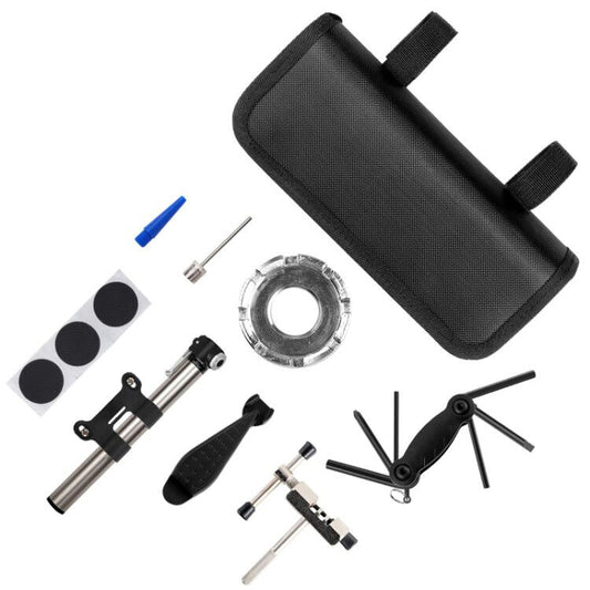Bicycle repair tool kit with black pouch and assorted tire repair tools