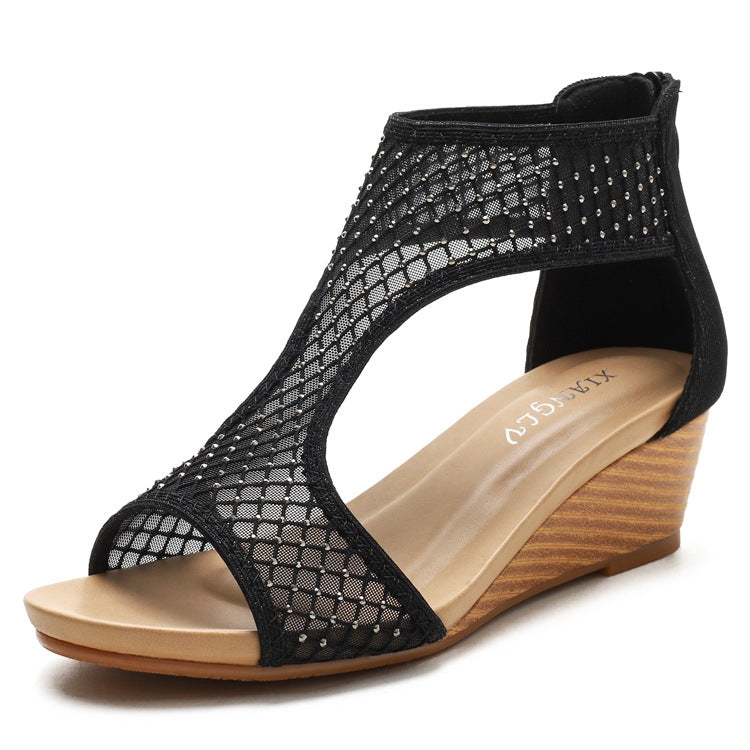 Black mesh wedge sandals with peep toe and thick wood-look heel