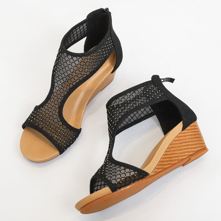 Black mesh heeled sandals with open toe and ankle strap, thick wedge heel
