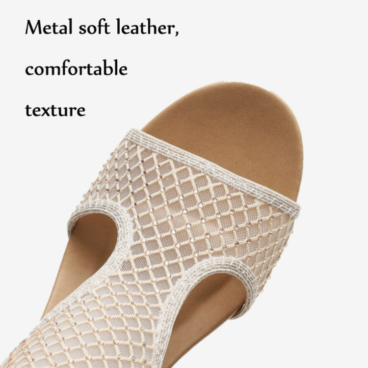 Beige mesh ankle sandal close-up with open toe and crisscross woven upper