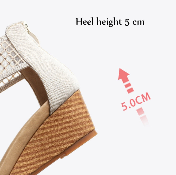 Beige mesh wedge sandals with wood-look heel and cushioned footbed