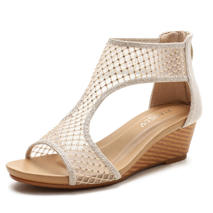 Beige mesh peep-toe wedge sandals with thick sole and ankle strap, side view