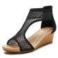 Black mesh peep-toe sandals with ankle-high collar and thick wedge heel