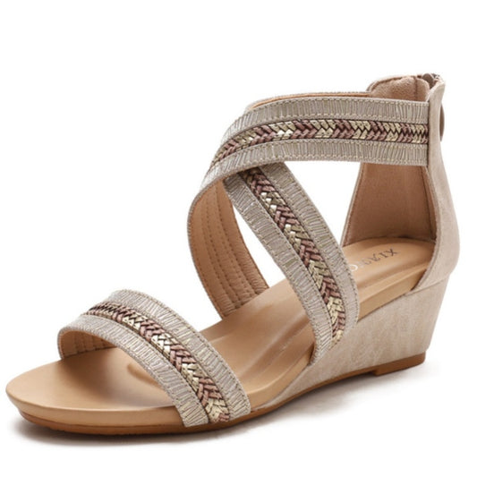 Beige/tan open-toe wedge sandals with crisscross strap and fabric upper