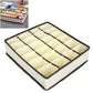 Beige drawer organizer box with brown grid compartments for underwear, bras, and socks