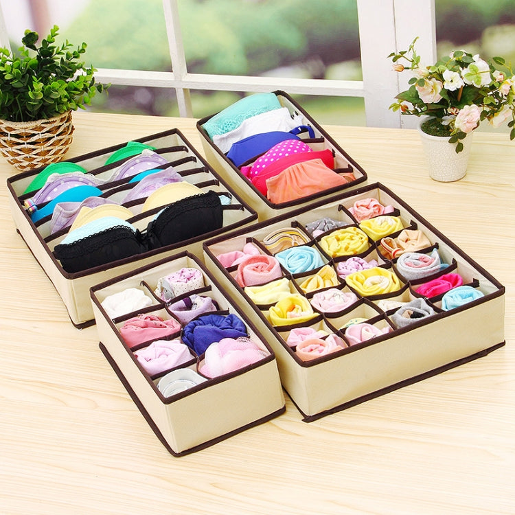 Multi-compartment underwear organizer set with brown frames; holds colorful folded items