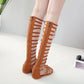 Brown striped high-top Roman sandals with ankle lace-up and flat outsole