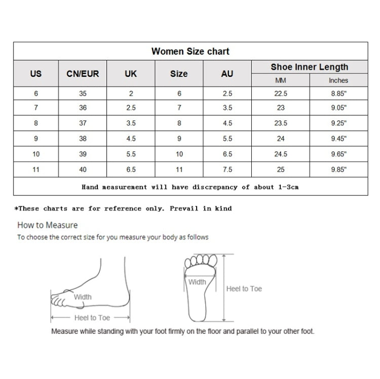 Women size chart and shoe inner length measurement guide