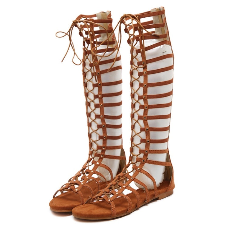 Brown gladiator flat sandals with hollow straps, metal eyelet details, lace-up ankle
