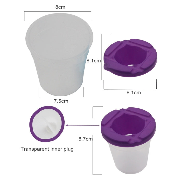 Plastic paint cup with purple lid and transparent inner plug, bristle brush included