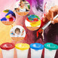 Children’s paint brush and plastic paint-cup set with colorful cups and brushes