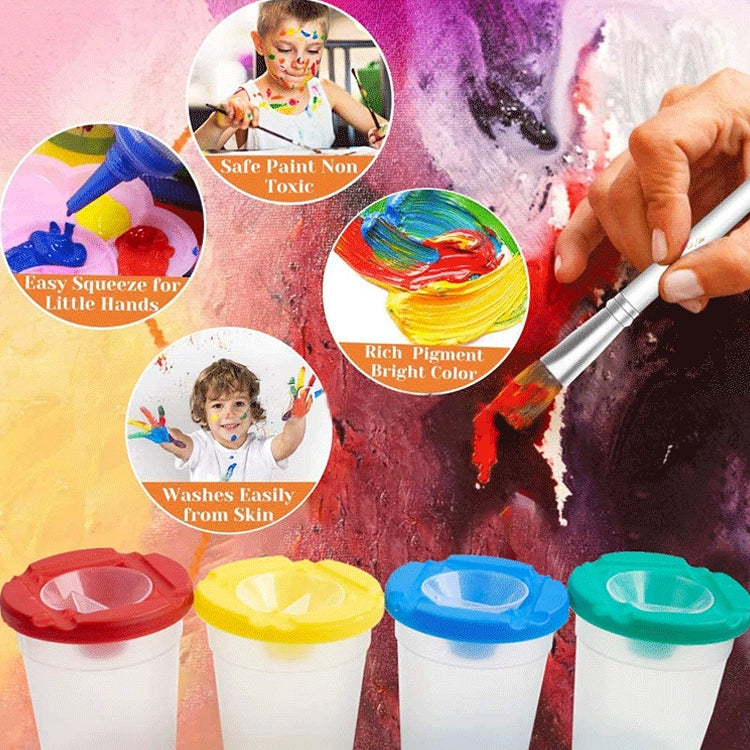 Children’s paint brush and plastic paint-cup set with colorful cups and brushes