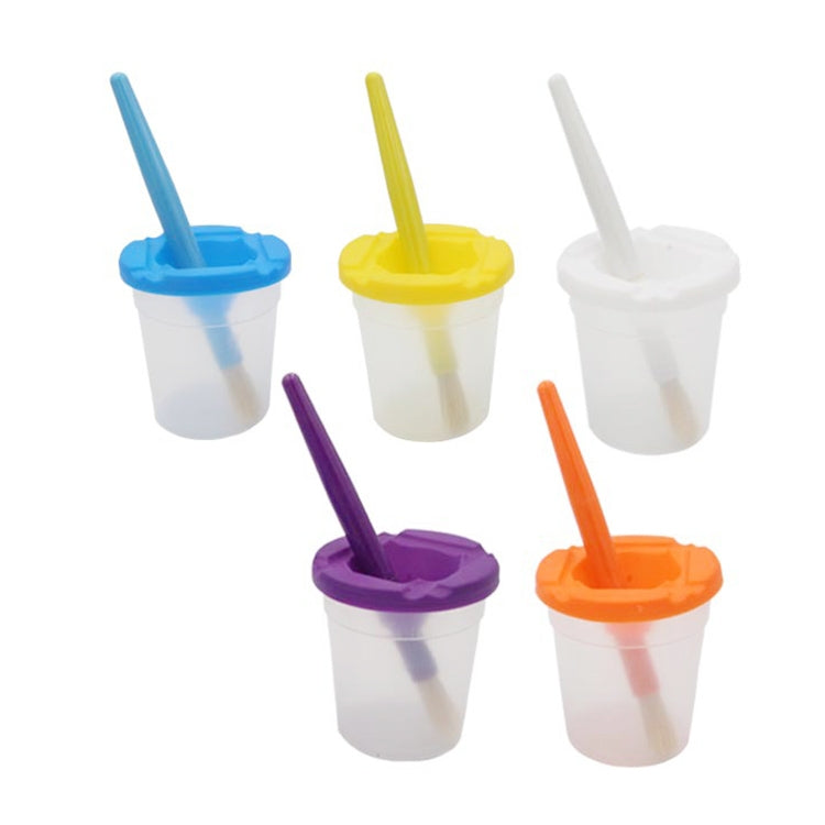 Plastic paint-cup brush set with blue, yellow, purple, white, orange cup lids
